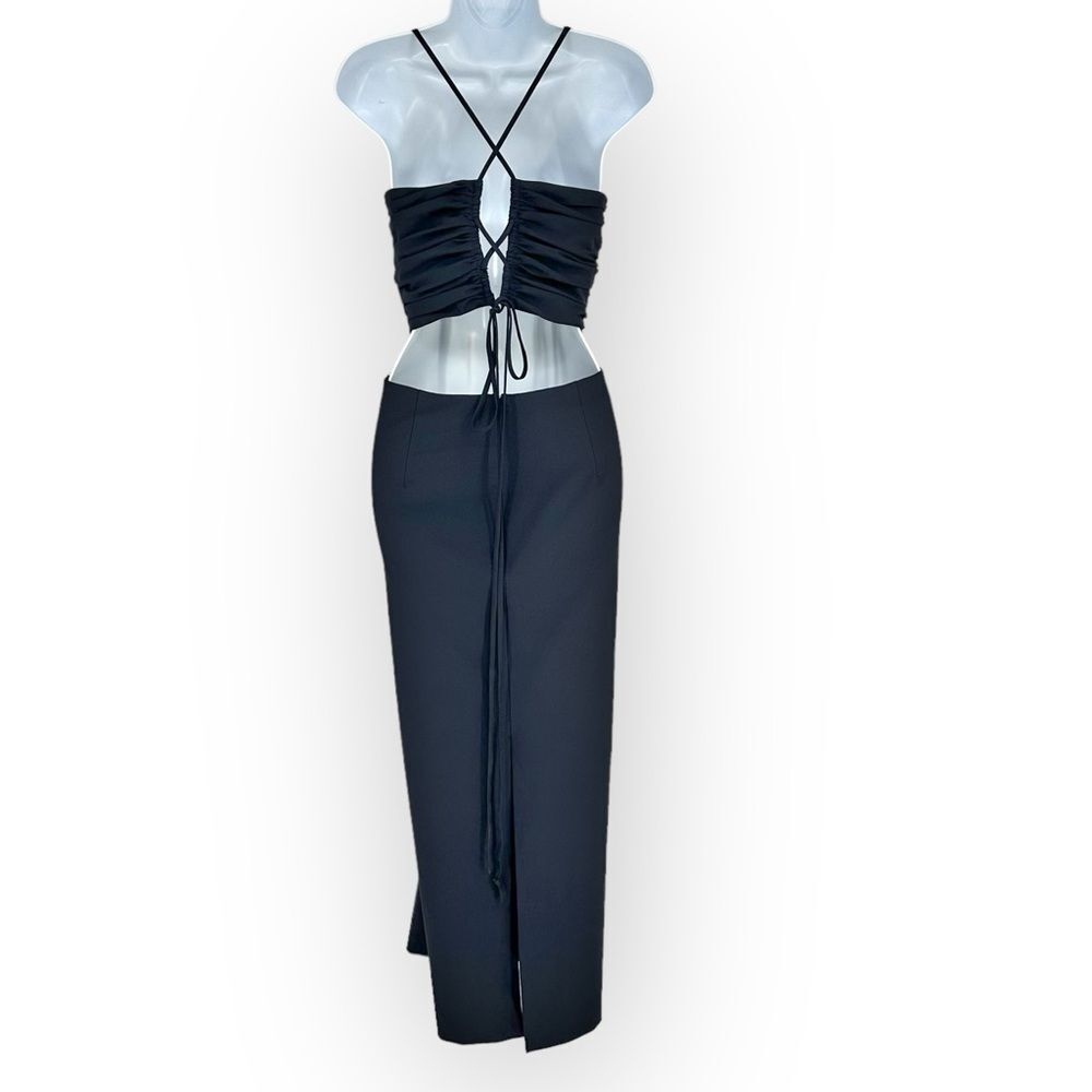 CINQ À SEPT NWT Judy Ruched Navy Backless Midi-Dress- size 12- sexy classic - Picture 5 of 13